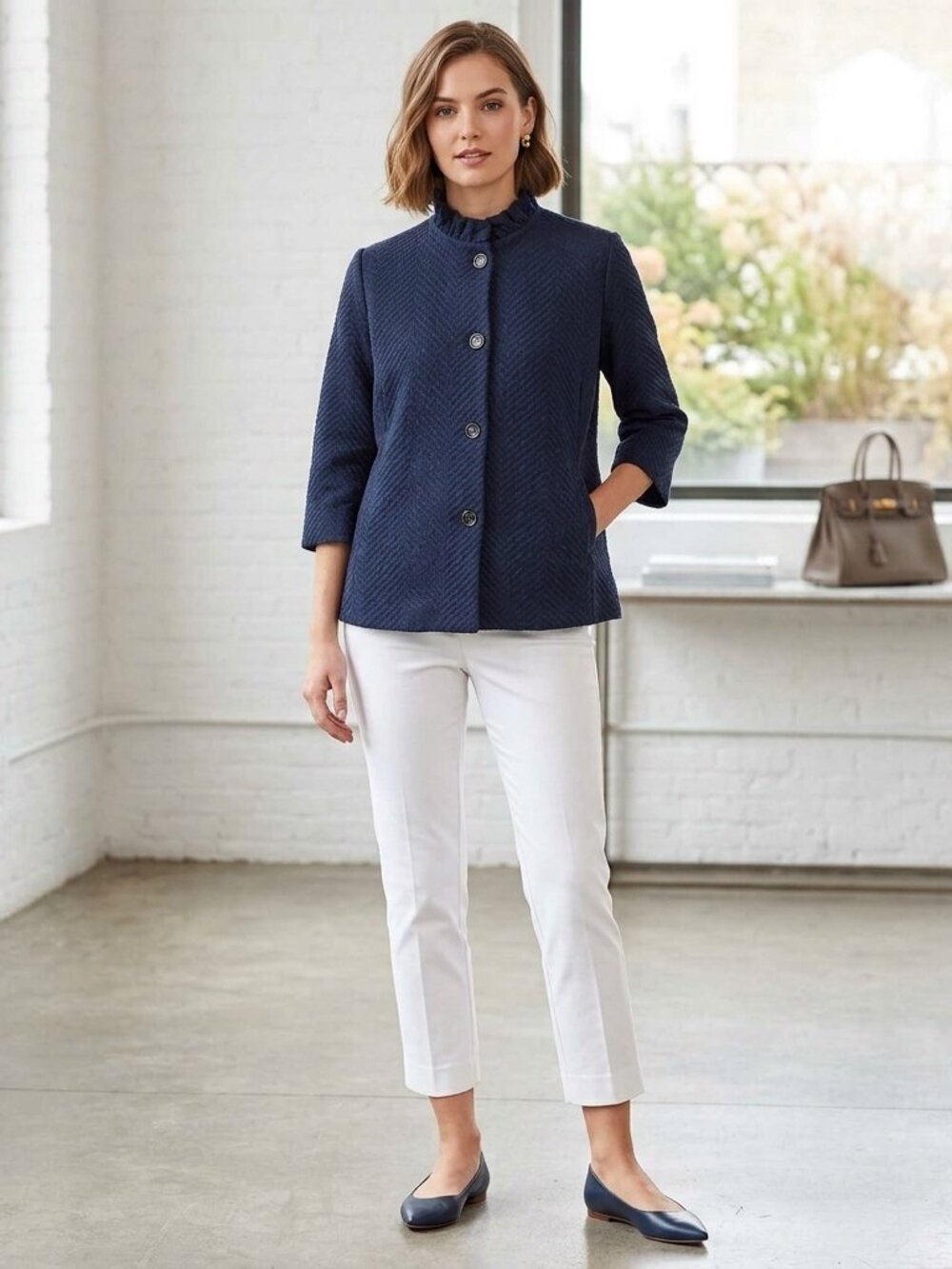 J. McLaughlin Herringbone Jacquard Blazer Jacket 3/4 Sleeve Size XL Navy